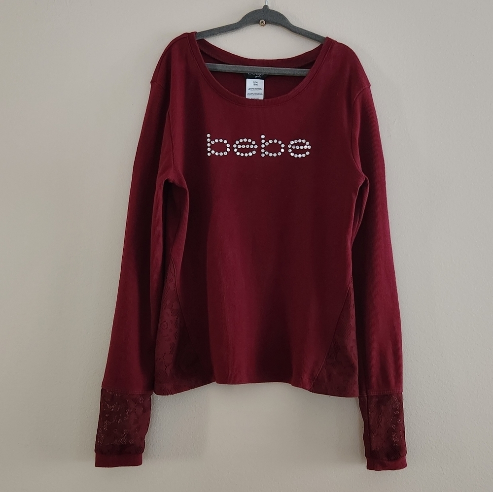 Bebe Girls Long Sleeve Shirt Lace Trim Rhinestones